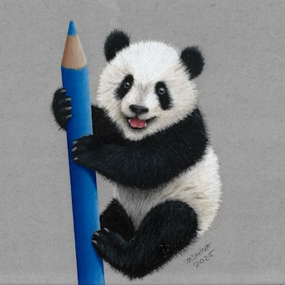 Colored pencil drawing tutorial of a panda cub on a colored pencil